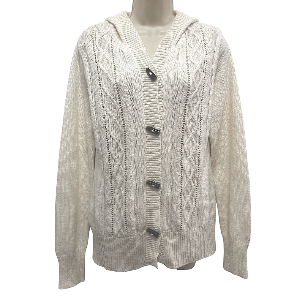 Columbia Ivory Wool Blend Long Sleeve Hooded Button Up Cable Knit Cardigan Large